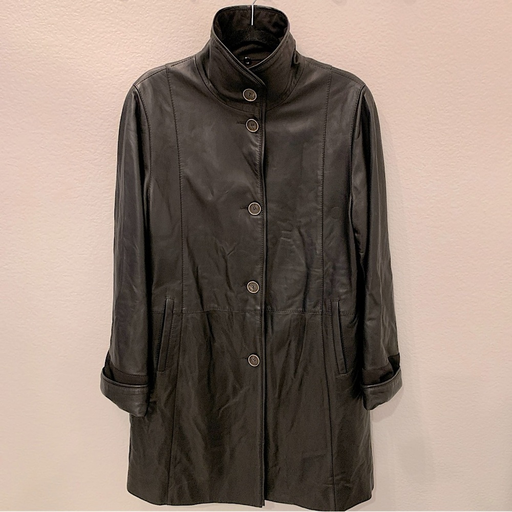 Hide Society Black Leather Women's Mid Length Jacket Reversible Rain Coat 12